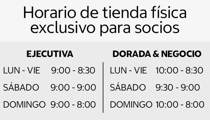 Horarios de tienda física para socios. Consulta tu sucursal.